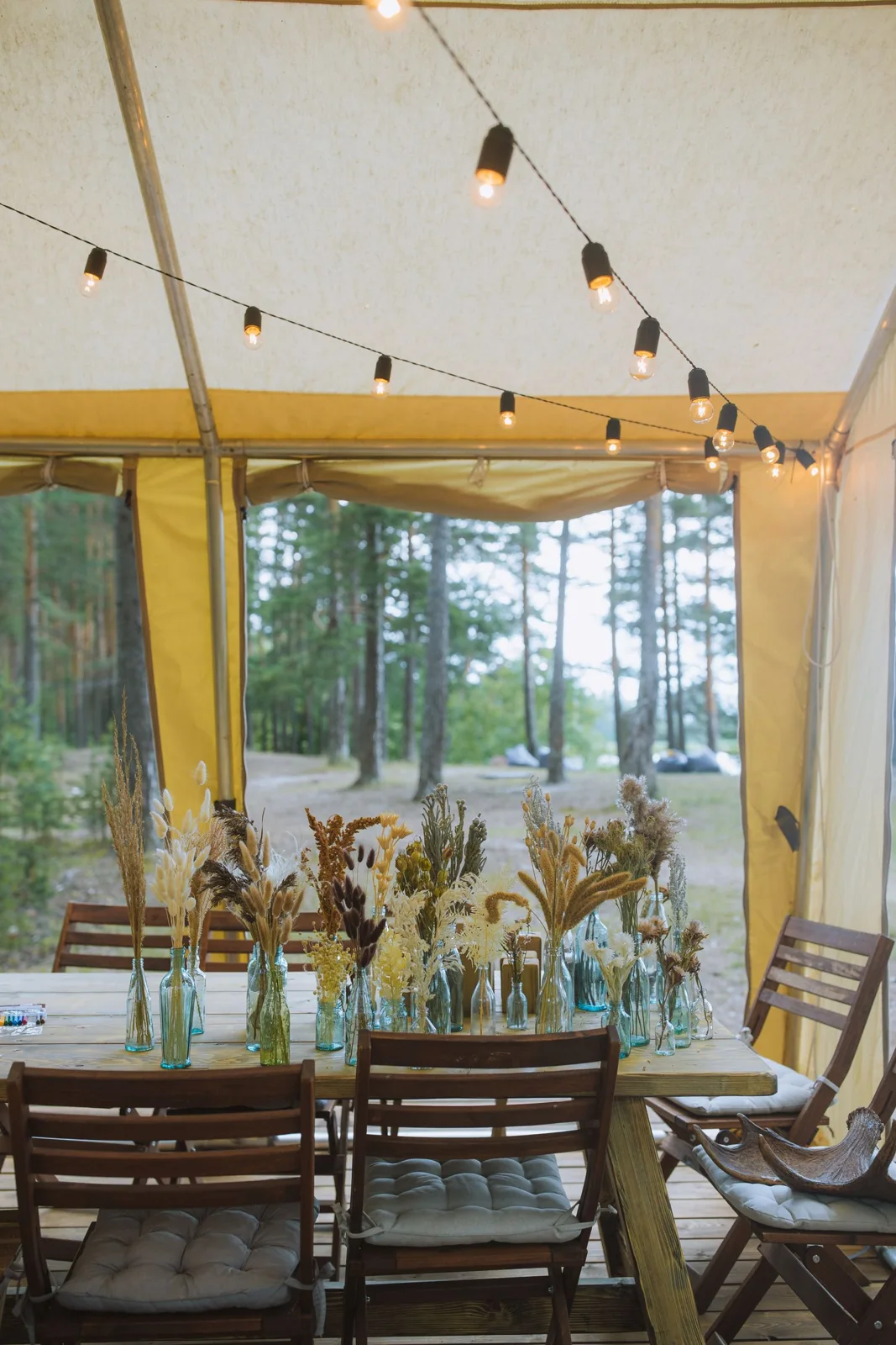 A decorated dining table inside a windowed garden event tent with festoon lights